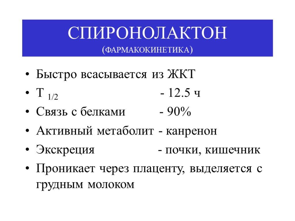 СПИРОНОЛАКТОН (ФАРМАКОКИНЕТИКА) Быстро всасывается из ЖКТ Т 1/2 - 12.5 ч Связь с белками